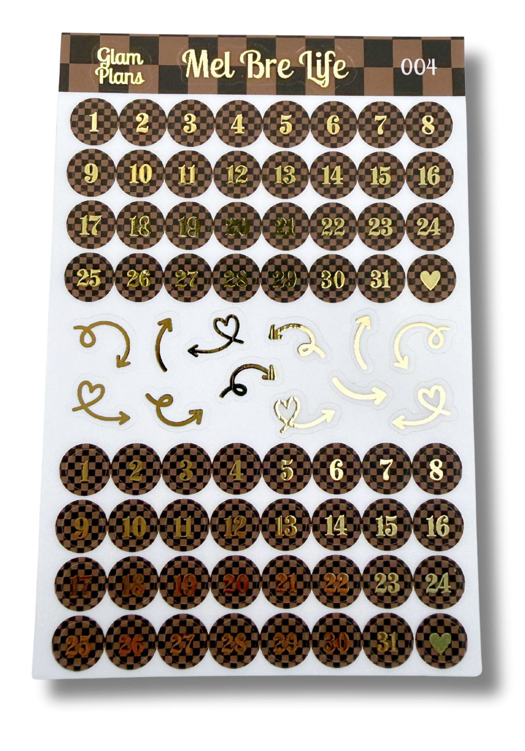 Sheet of decorative stickers with numbers, checkered patterns, and other designs on a white background.
