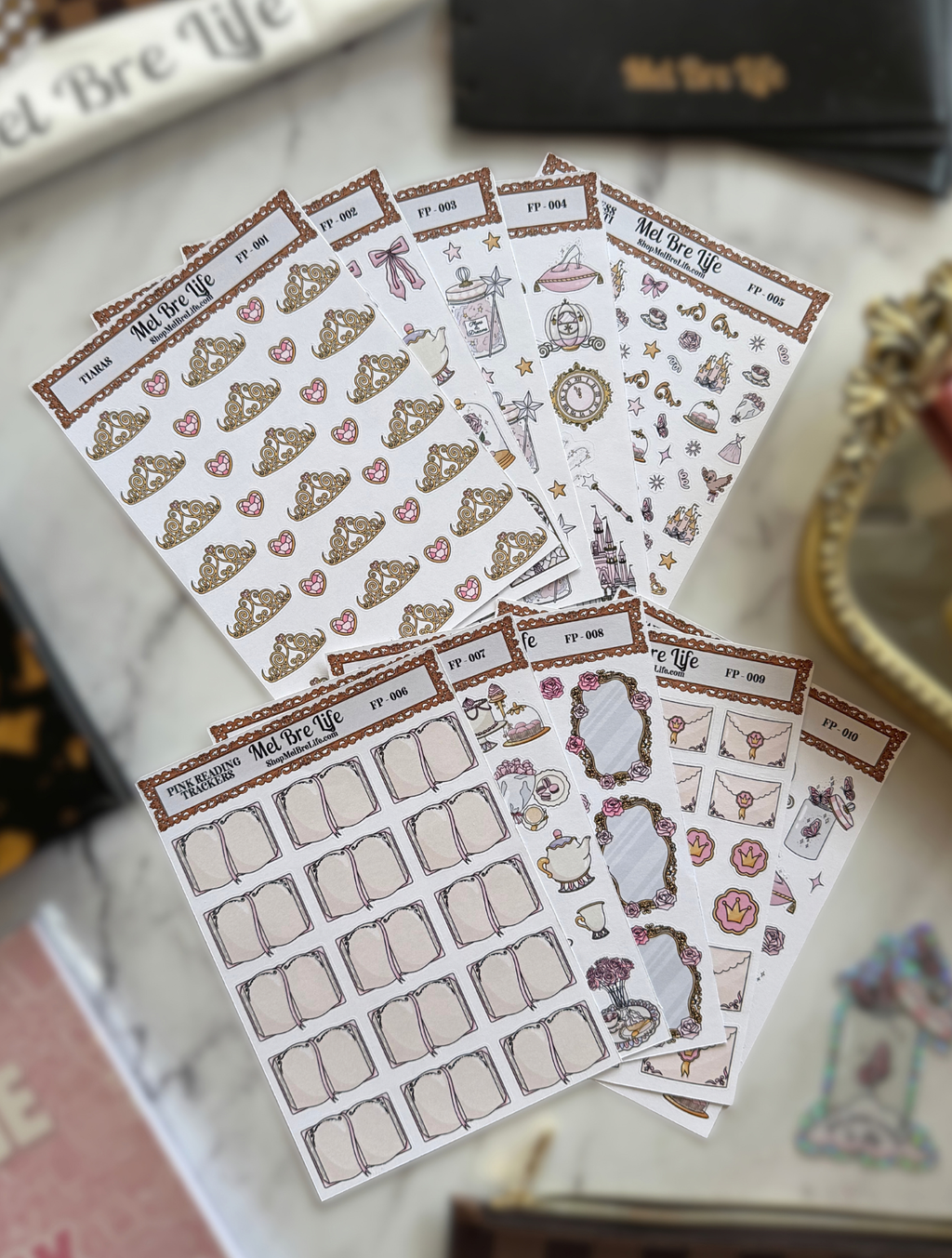 Fairytale Plans Collection featuring ten whimsical planner sticker sheets with princess, royal, reading, and fairytale-inspired designs