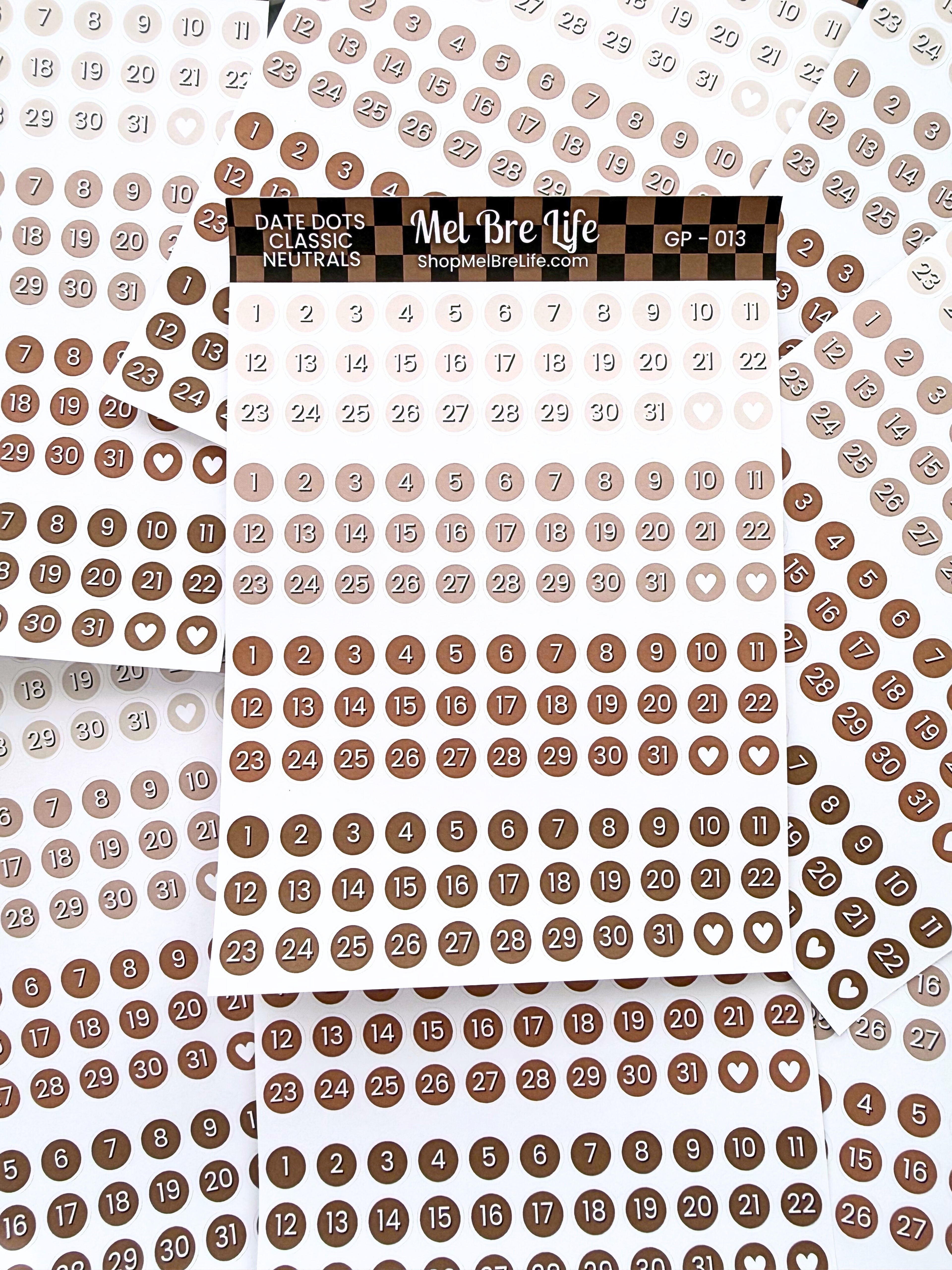 Classic Neutral Date Dots Sticker Sheet | Glam Plans Collection