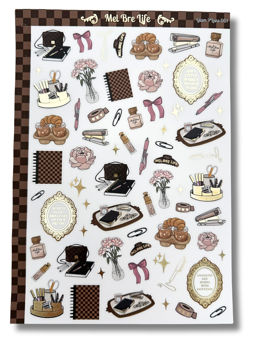 Luxe clear matte planner sticker sheet with gold foil accents. Disc-punched 7×10 sheet with a cozy, feminine desk aesthetic.