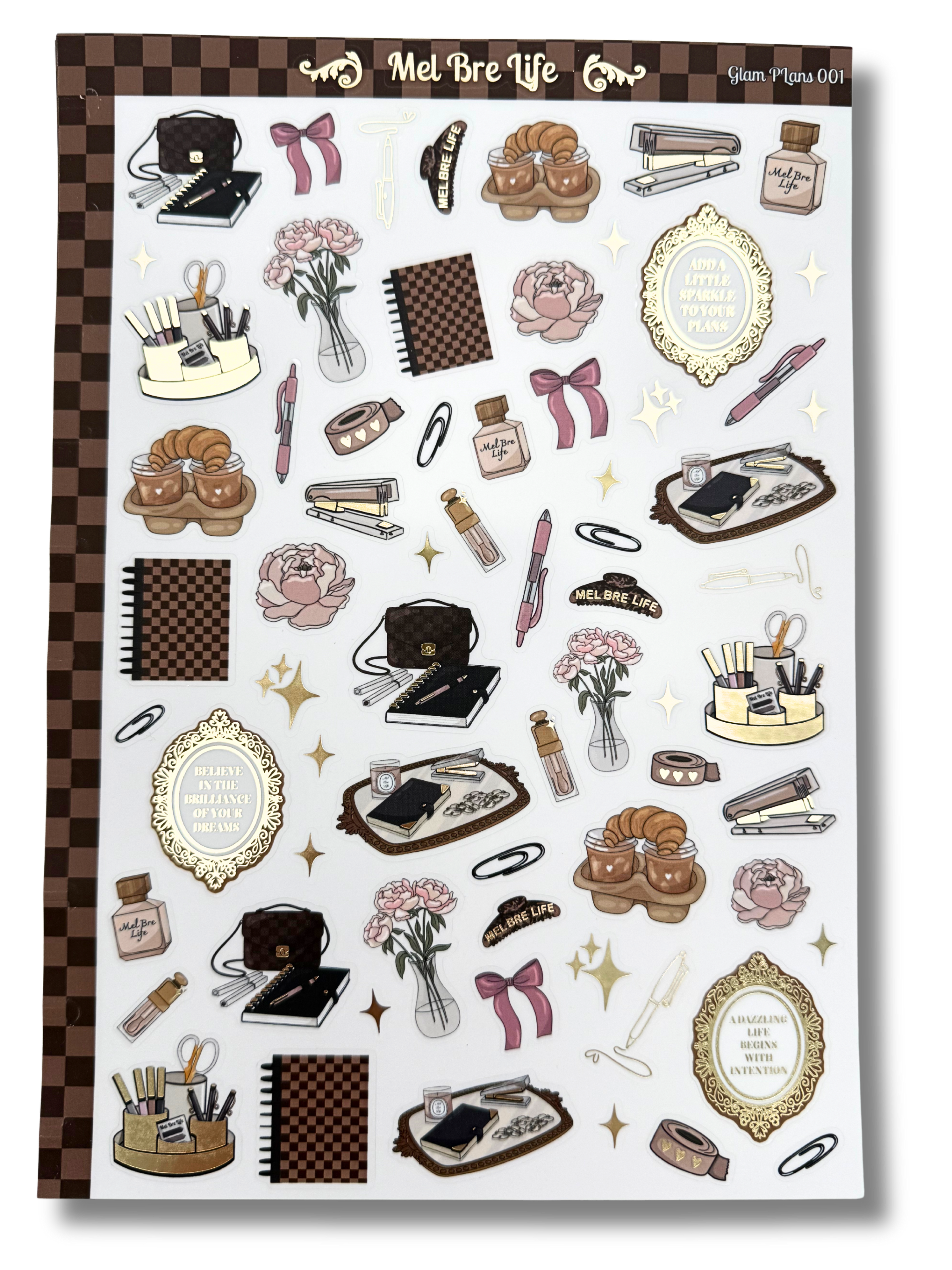 Luxe clear matte planner sticker sheet with gold foil accents. Disc-punched 7×10 sheet with a cozy, feminine desk aesthetic.
