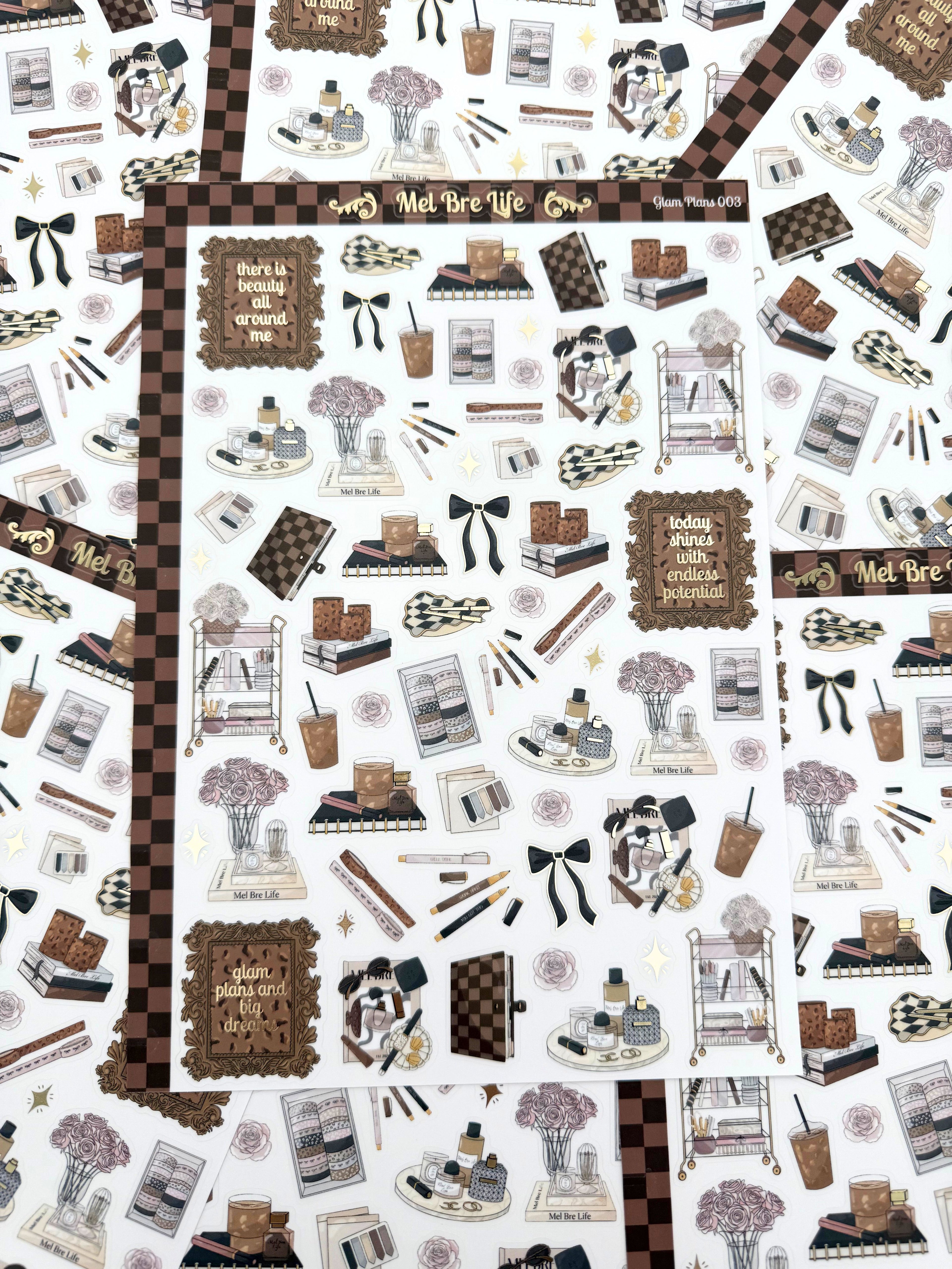 Clear matte glam planner sticker sheet with gold foil accents featuring lifestyle icons, home décor, beauty details, florals, and planning supplies
