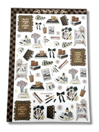Clear matte glam planner sticker sheet with gold foil accents featuring lifestyle icons, home décor, beauty details, florals, and planning supplies