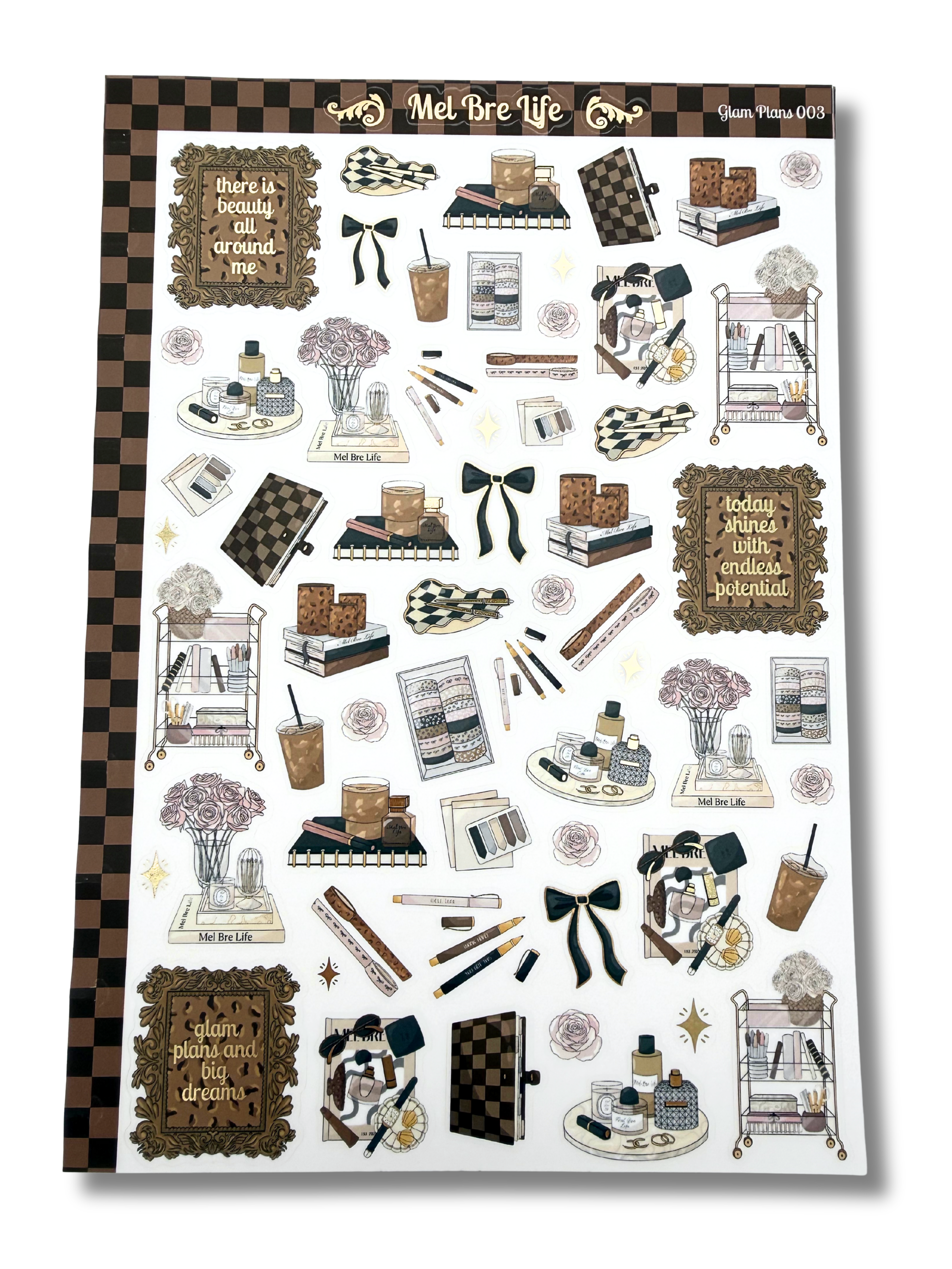 Clear matte glam planner sticker sheet with gold foil accents featuring lifestyle icons, home décor, beauty details, florals, and planning supplies
