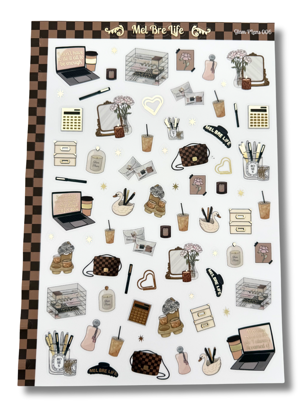 Clear matte glam planner sticker sheet with gold foil accents featuring laptops, planners, affirmations, and cozy productivity details