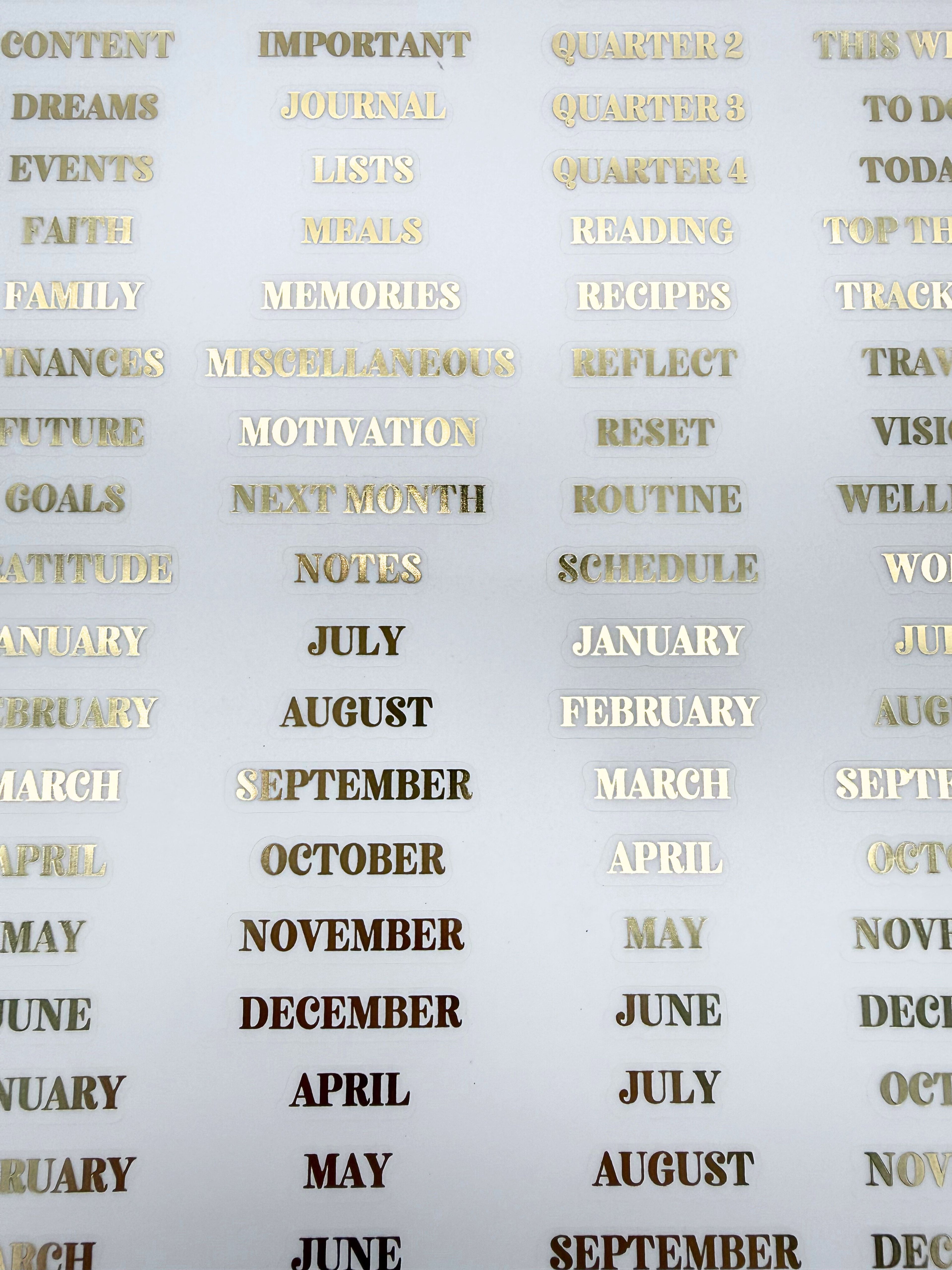 Glam Plans Divider Tab Labels | Luxe Clear Matte Planner Stickers with Gold Foil