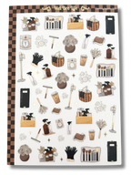 Clear matte glam planner sticker sheet with gold foil accents featuring cleaning supplies, baskets, sprays, and cozy home reset icons