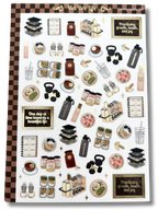 Clear matte glam planner sticker sheet with gold foil accents featuring wellness icons, workouts, meals, drinks, and habit tracking details
