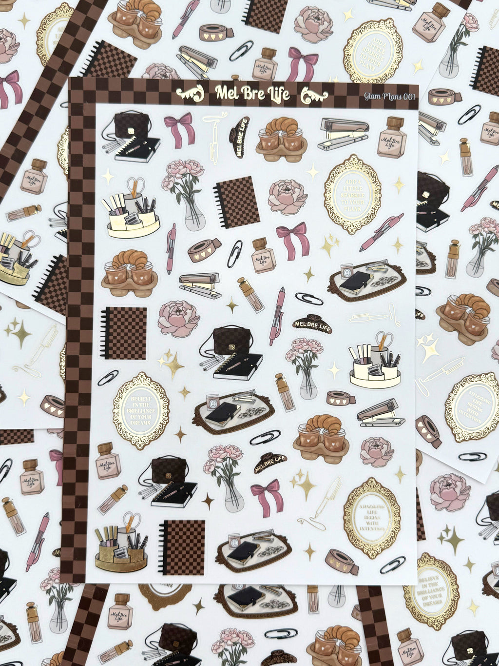 Luxe clear matte planner sticker sheet with gold foil accents. Disc-punched 7×10 sheet with a cozy, feminine desk aesthetic.
