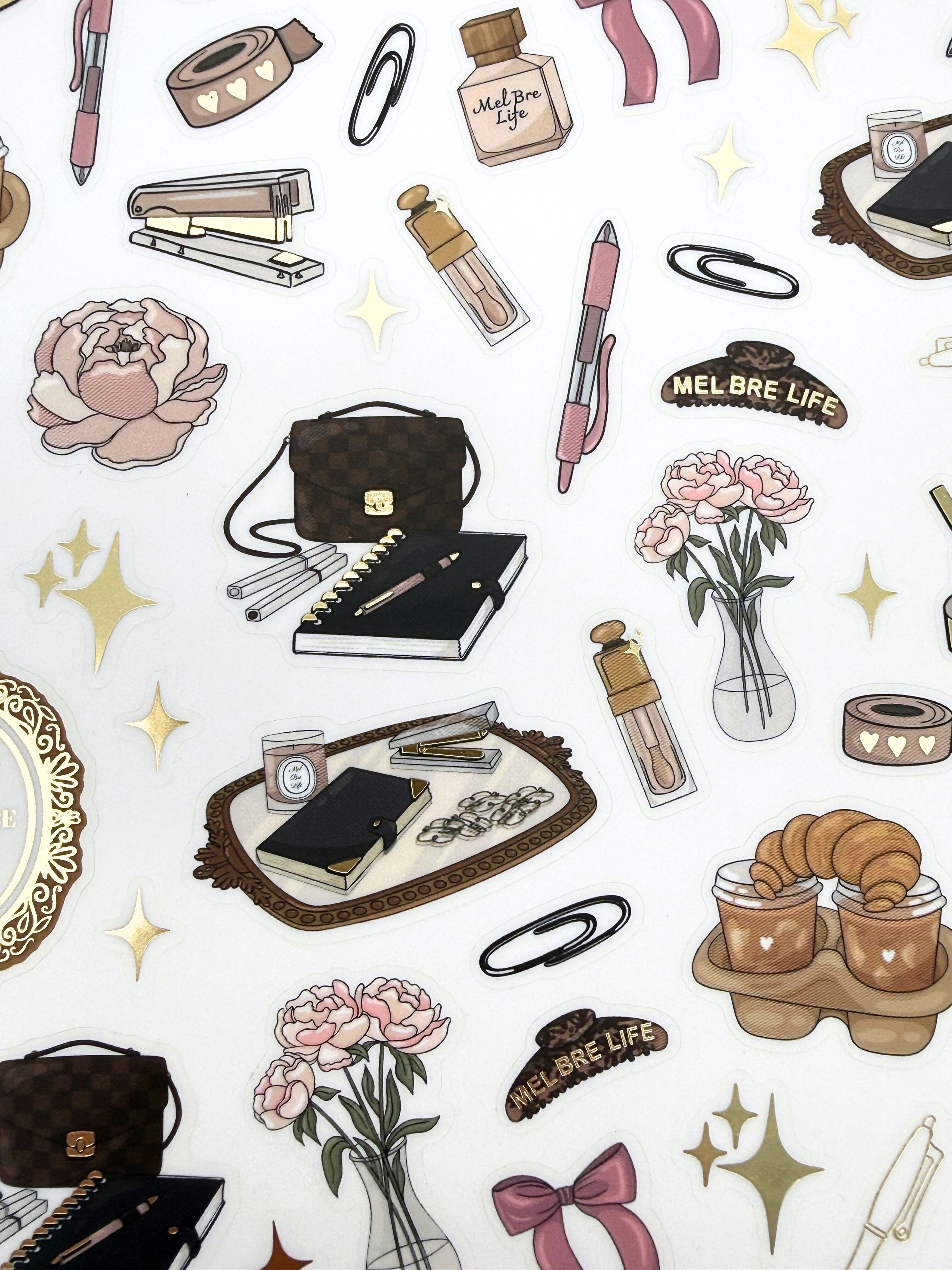 Luxe clear matte planner sticker sheet with gold foil accents. Disc-punched 7×10 sheet with a cozy, feminine desk aesthetic.