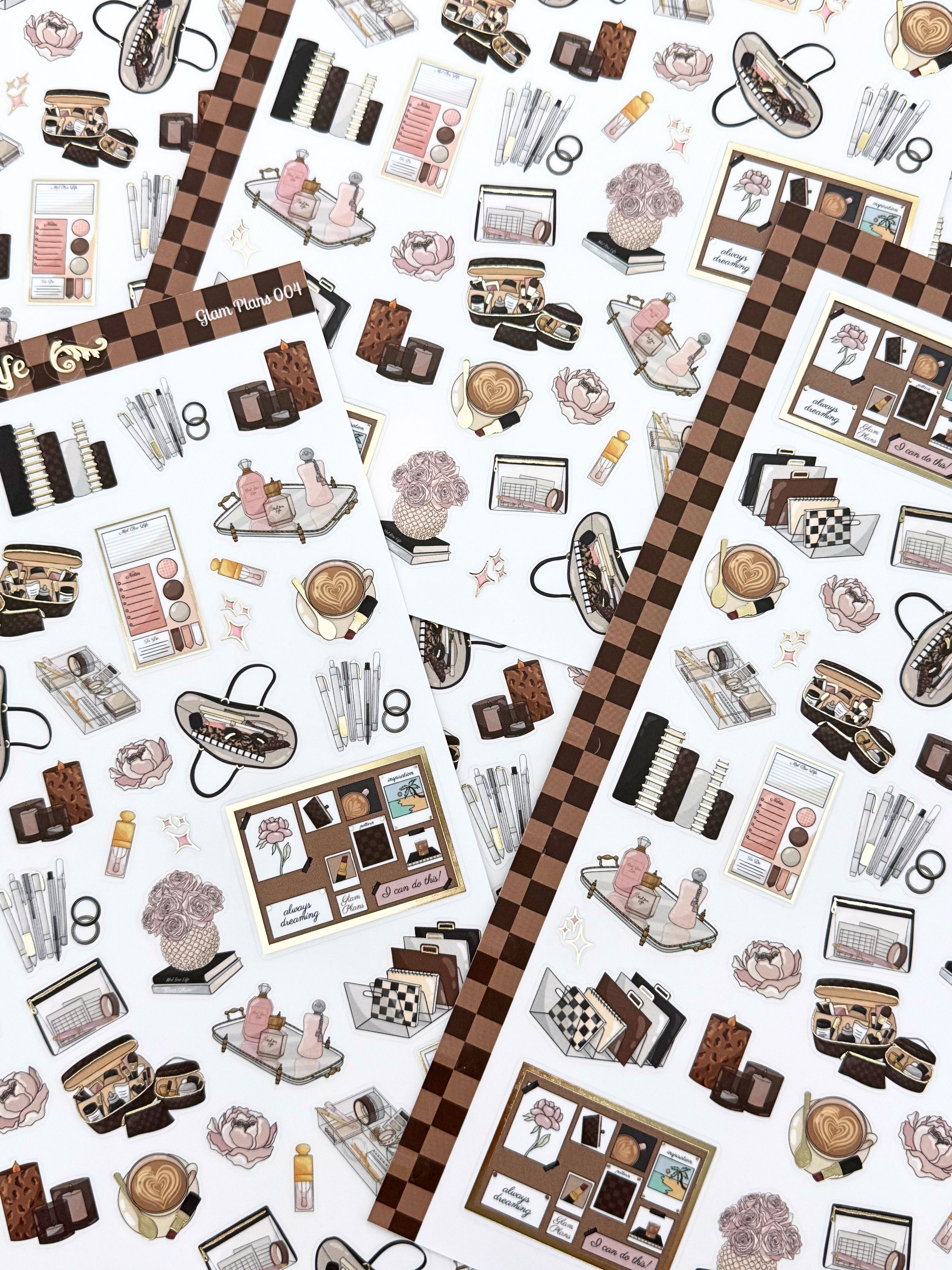 Clear matte glam planner sticker sheet with gold foil accents featuring everyday lifestyle icons, planners, bags, florals, and chic essentials