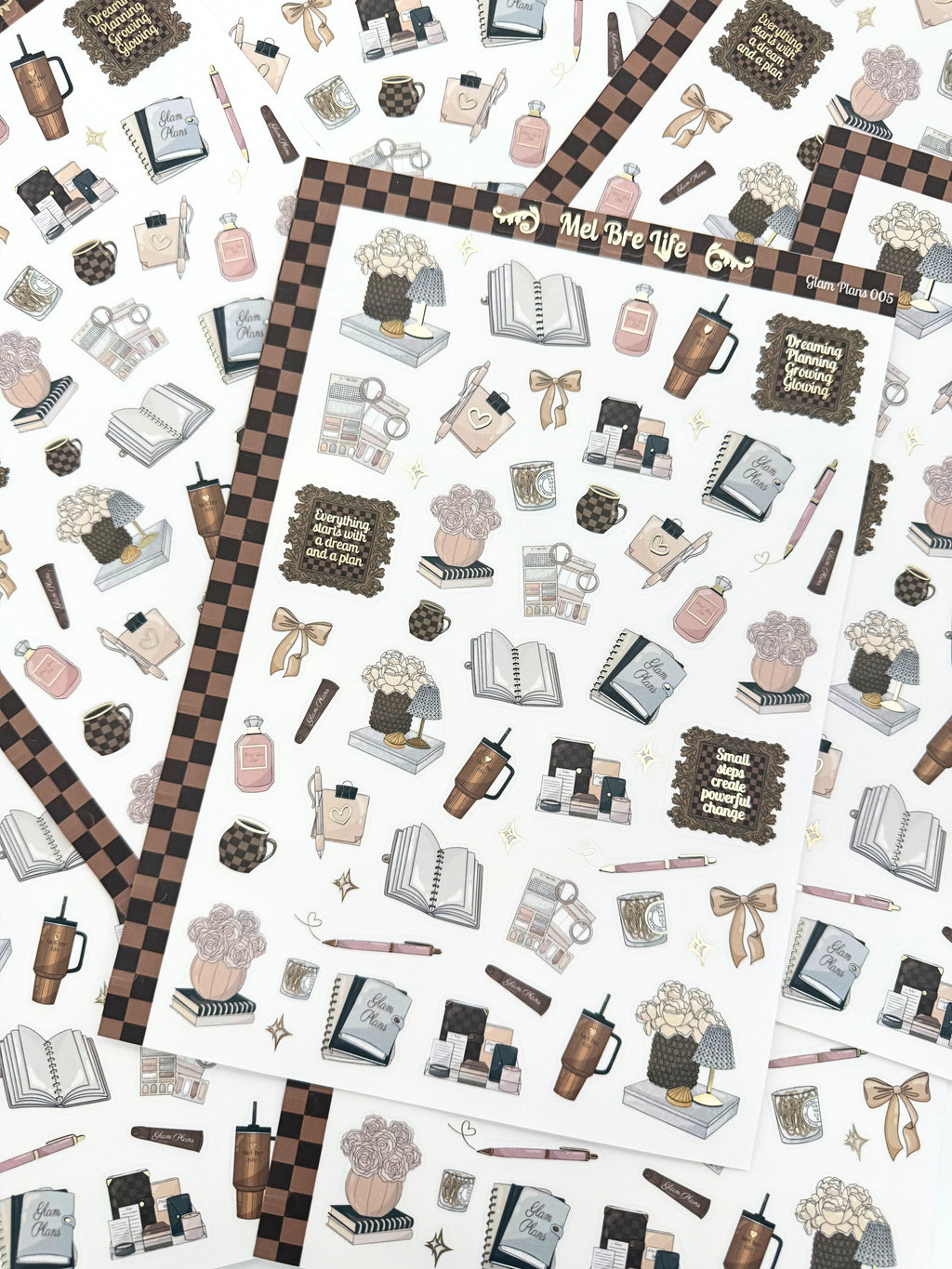 Clear matte glam planner sticker sheet with gold foil accents featuring books, mugs, bows, florals, and inspirational quotes