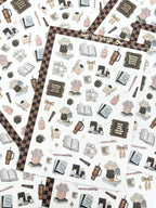 Clear matte glam planner sticker sheet with gold foil accents featuring books, mugs, bows, florals, and inspirational quotes