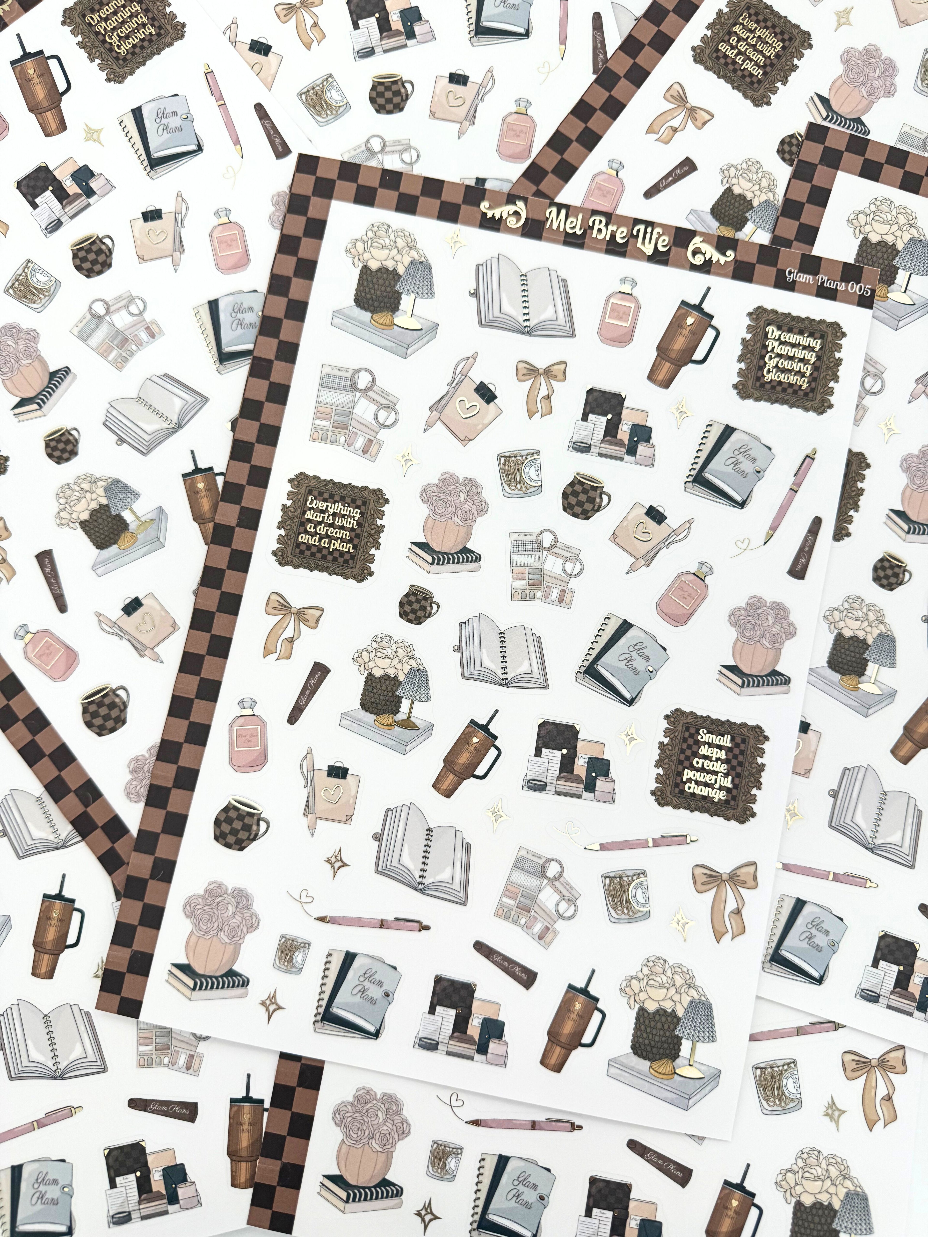 Clear matte glam planner sticker sheet with gold foil accents featuring books, mugs, bows, florals, and inspirational quotes