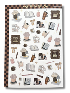 Clear matte glam planner sticker sheet with gold foil accents featuring books, mugs, bows, florals, and inspirational quotes