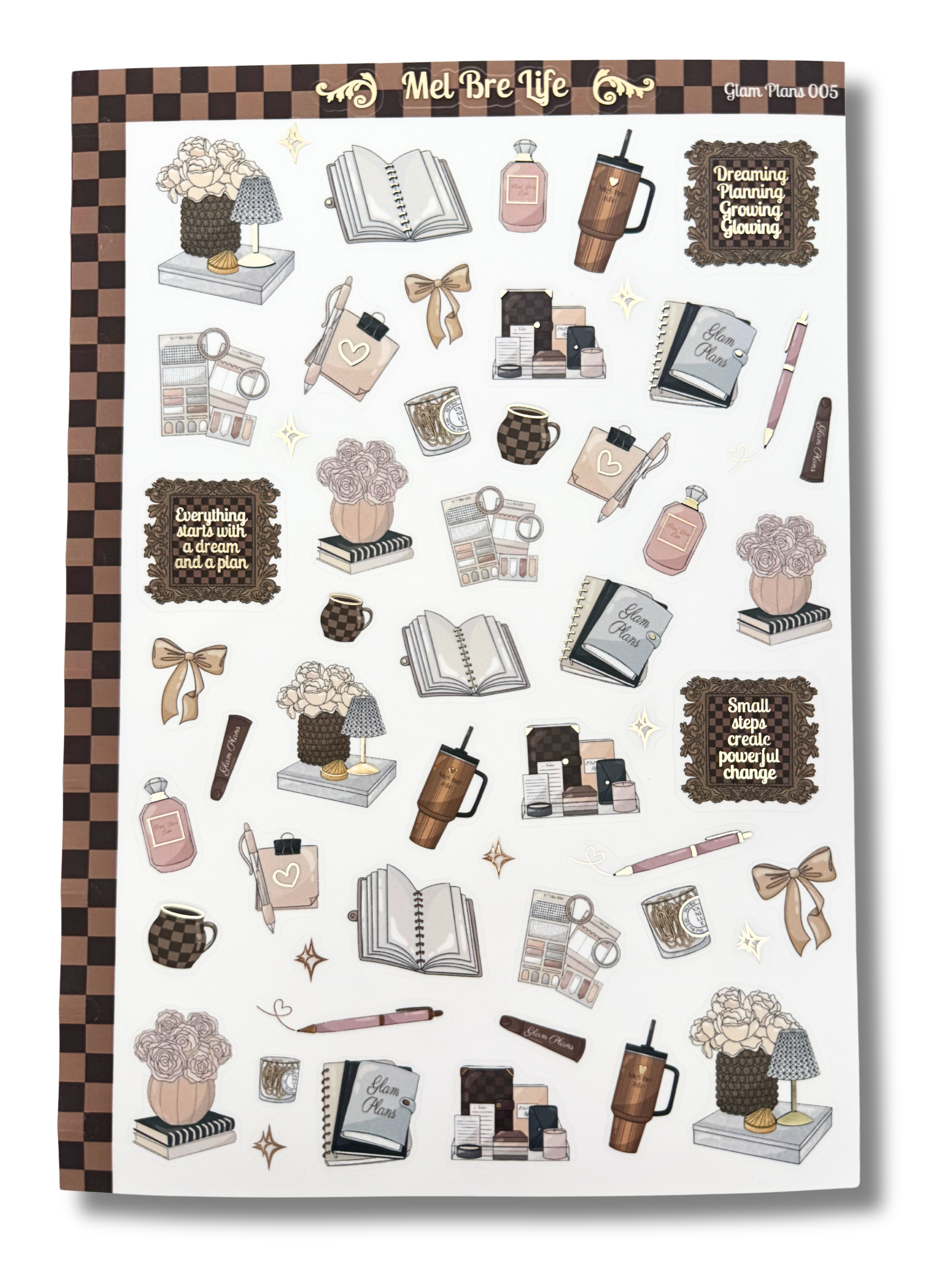 Clear matte glam planner sticker sheet with gold foil accents featuring books, mugs, bows, florals, and inspirational quotes