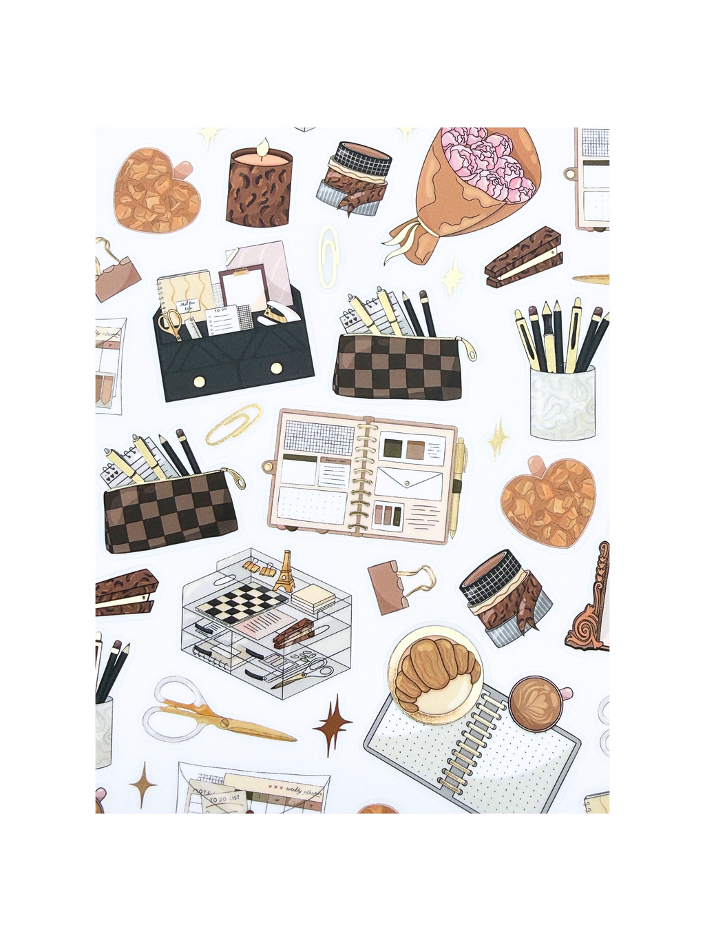 Clear matte glam planner sticker sheet with gold foil accents featuring planners, notebooks, candles, florals, and motivational quotes