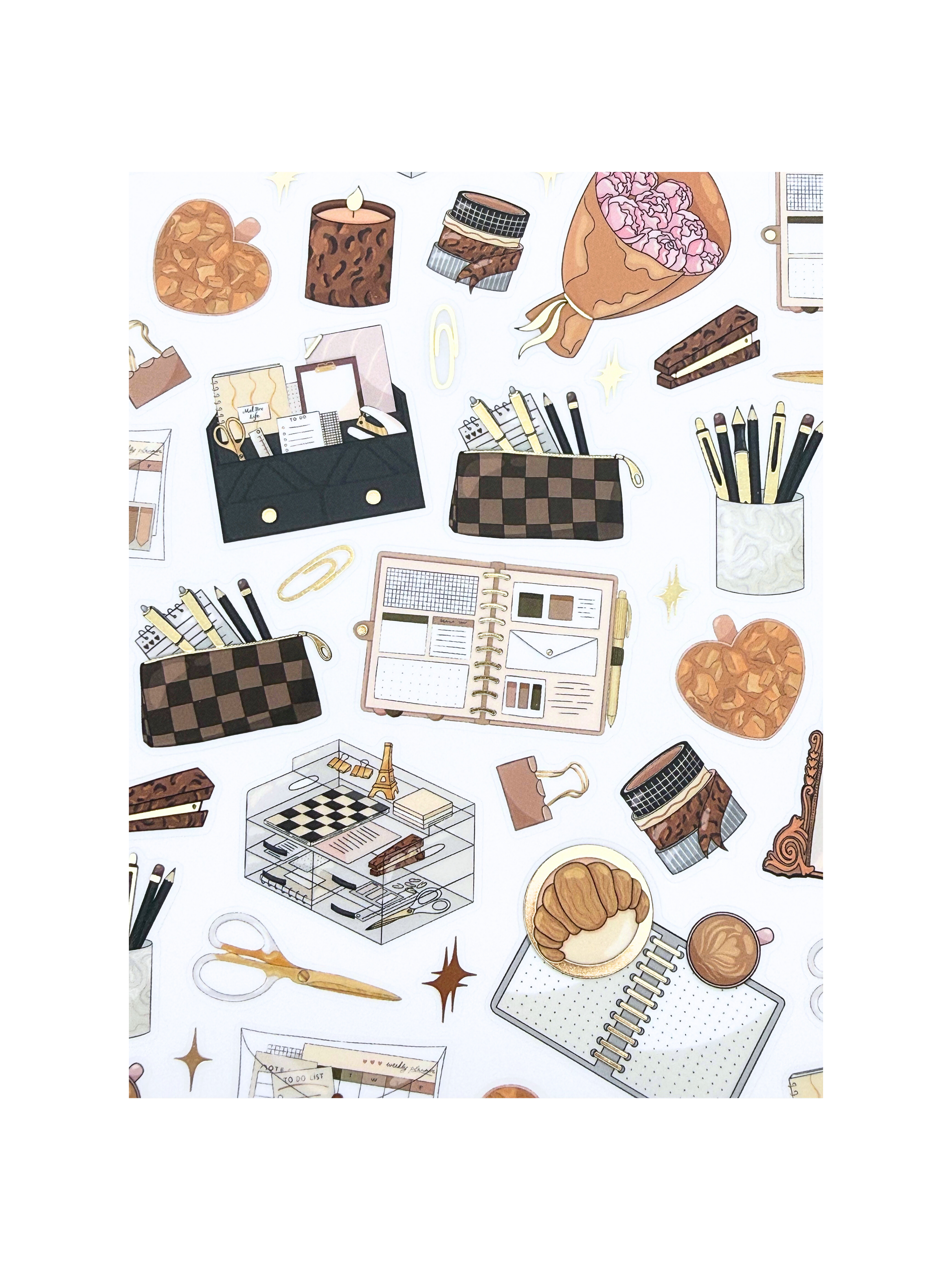 Clear matte glam planner sticker sheet with gold foil accents featuring planners, notebooks, candles, florals, and motivational quotes