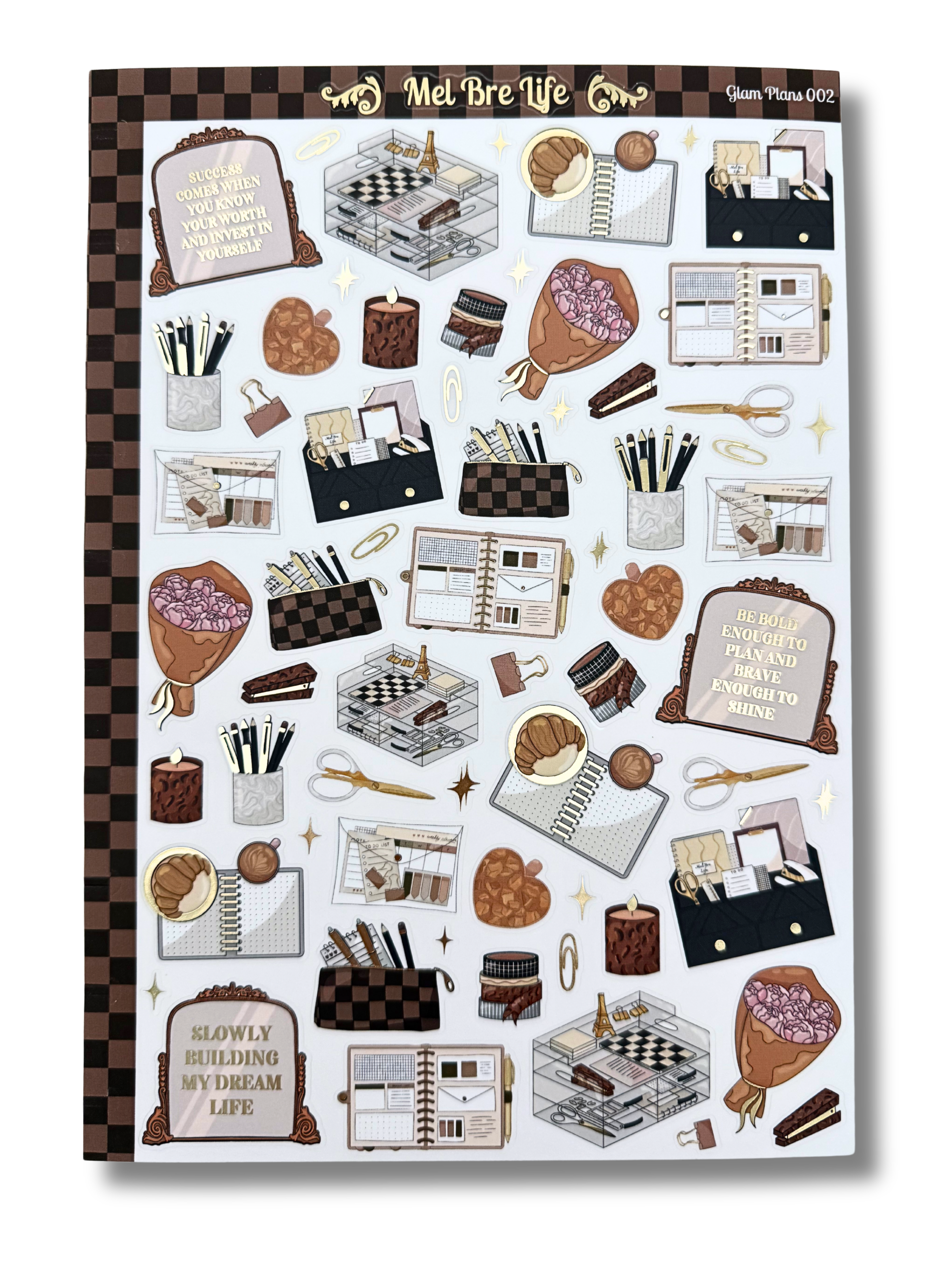 Clear matte glam planner sticker sheet with gold foil accents featuring planners, notebooks, candles, florals, and motivational quotes