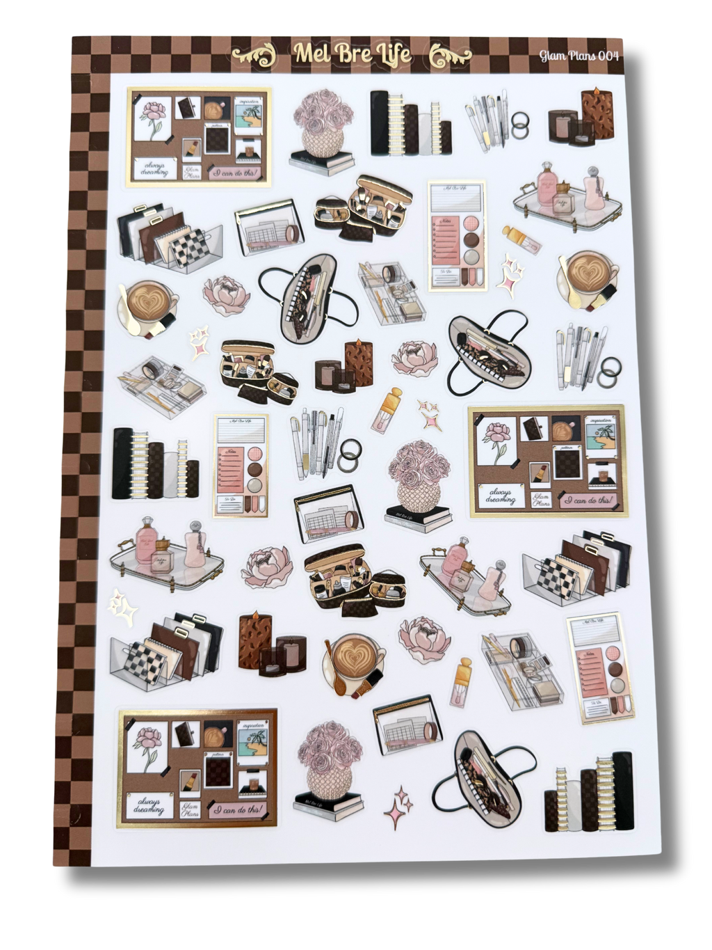 Clear matte glam planner sticker sheet with gold foil accents featuring everyday lifestyle icons, planners, bags, florals, and chic essentials