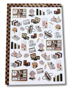 Clear matte glam planner sticker sheet with gold foil accents featuring everyday lifestyle icons, planners, bags, florals, and chic essentials