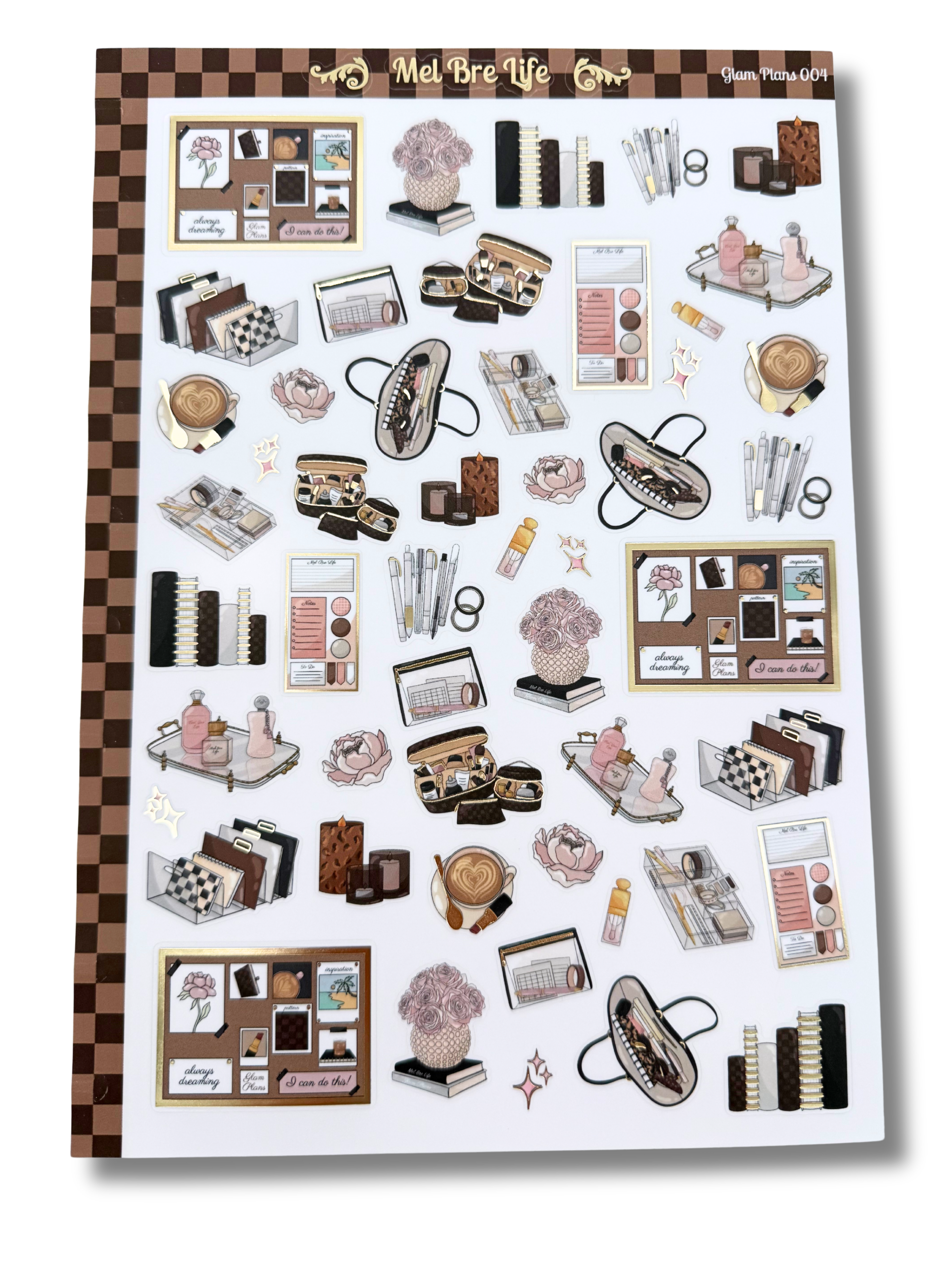 Clear matte glam planner sticker sheet with gold foil accents featuring everyday lifestyle icons, planners, bags, florals, and chic essentials