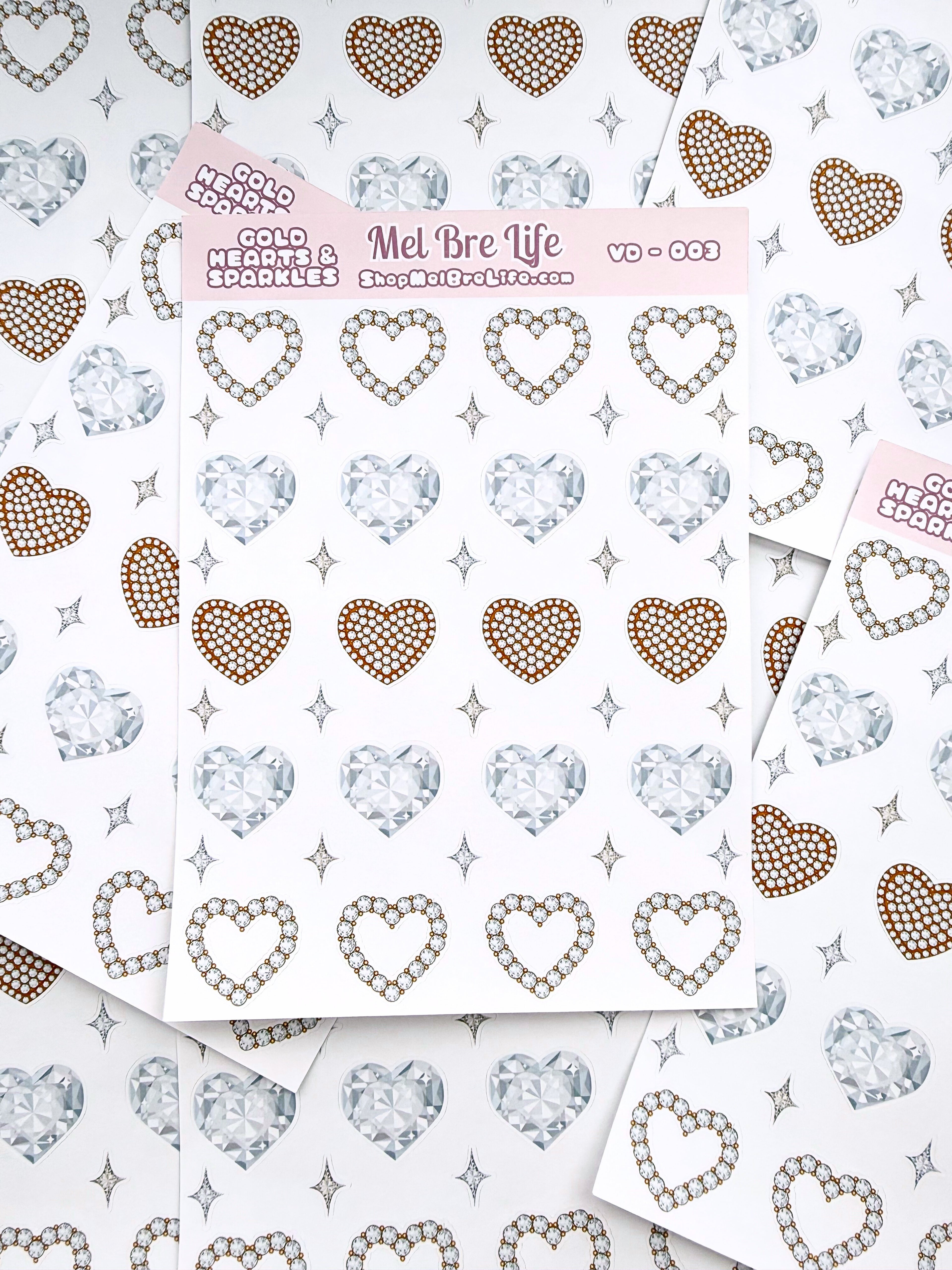 Heart and diamond patterned stickers with 'Mel Brie Life' branding on a white background.