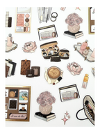 Clear matte glam planner sticker sheet with gold foil accents featuring everyday lifestyle icons, planners, bags, florals, and chic essentials