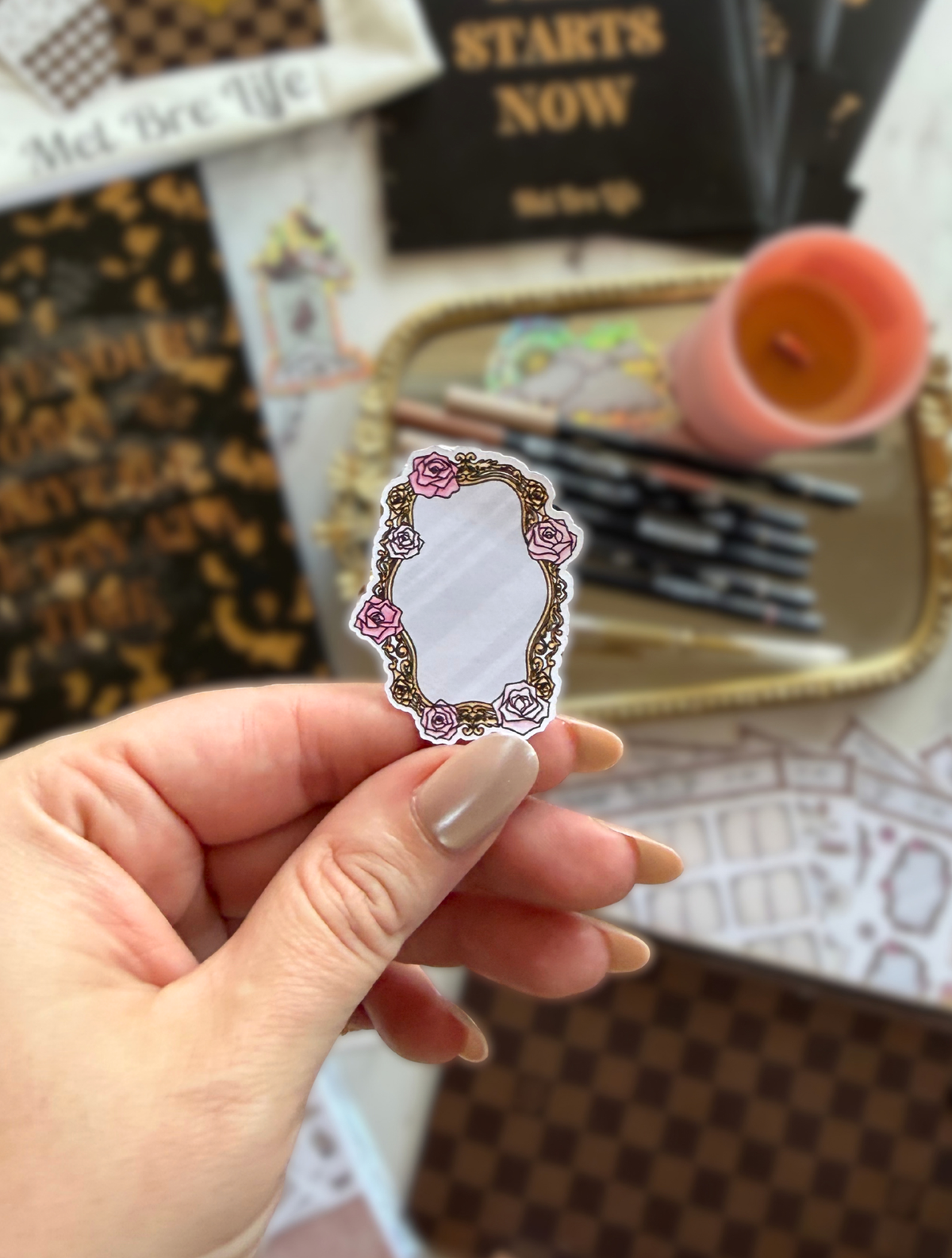 Enchanted Mirrors sticker sheet featuring ornate gold framed mirrors decorated with pink roses and individual rose stickers