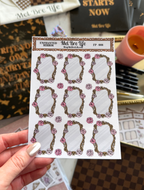 Enchanted Mirrors sticker sheet featuring ornate gold framed mirrors decorated with pink roses and individual rose stickers