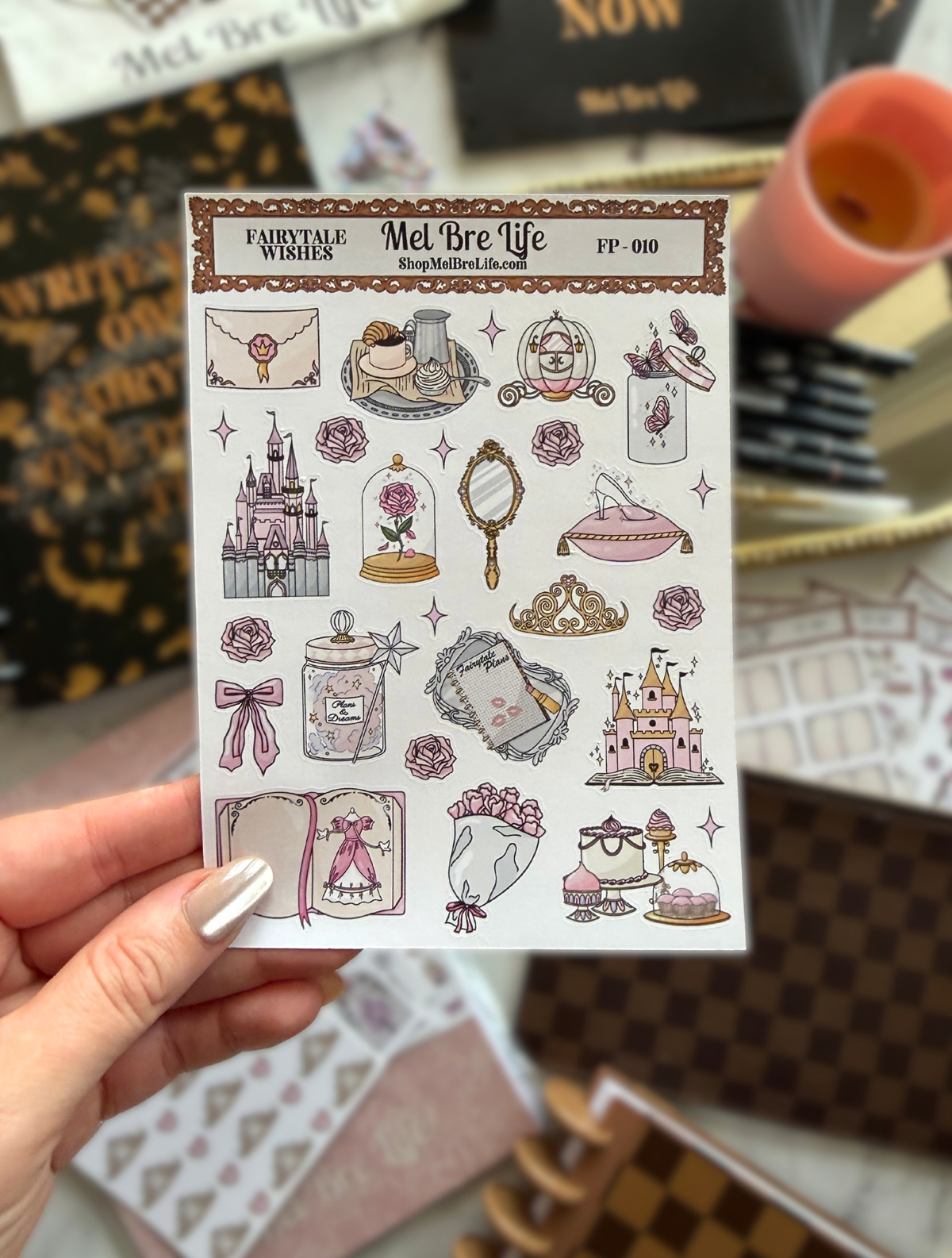 Fairytale Plans Fairytale Wishes sticker sheet featuring castles, crowns, roses, mirrors, gowns, books, tea treats, and magical fairytale details