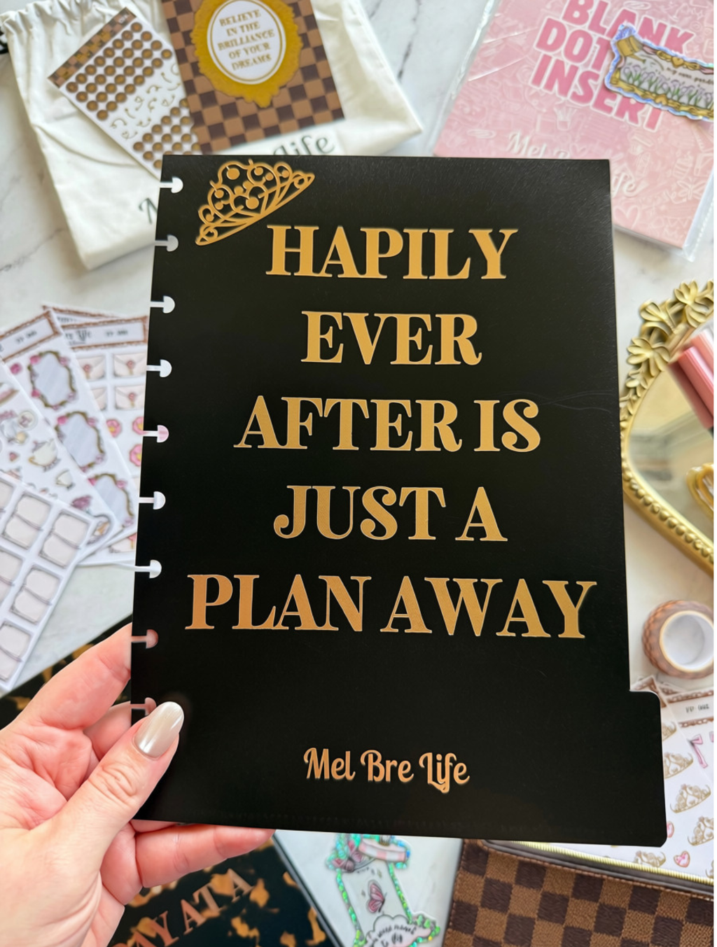 Fairytale Plans black planner divider with gold “Happily Ever After Is Just a Plan Away” inspirational quote