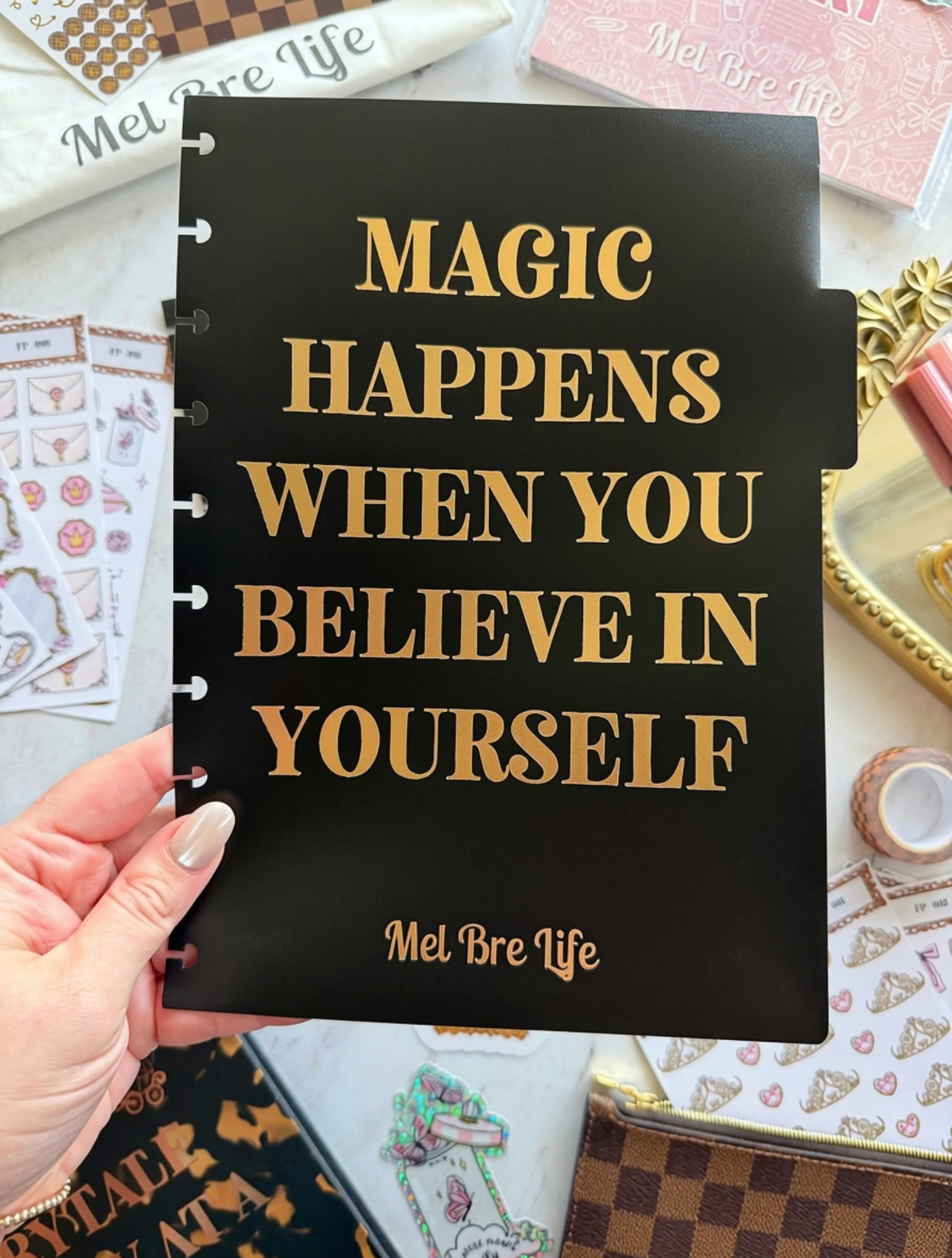 Fairytale Plans black planner divider with gold “Magic Happens When You Believe in Yourself” inspirational quote