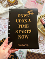 Fairytale Plans black planner divider with gold “Once Upon a Time Starts Now” quote and fairytale-inspired details