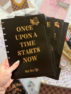 Fairytale Plans five-piece planner divider set featuring black dividers with gold inspirational quotes and fairytale-inspired details