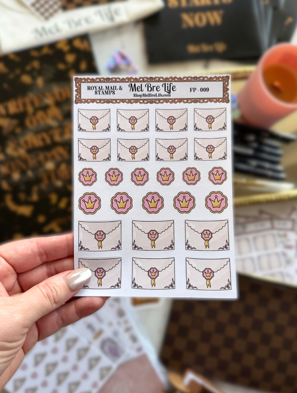 Fairytale Plans Royal Mail and Stamps sticker sheet with crown-sealed envelopes and pink and gold crown stamps