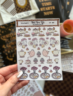 Tea Party sticker sheet featuring teacups, teapots, cakes, cupcakes, macarons, flowers, and desserts