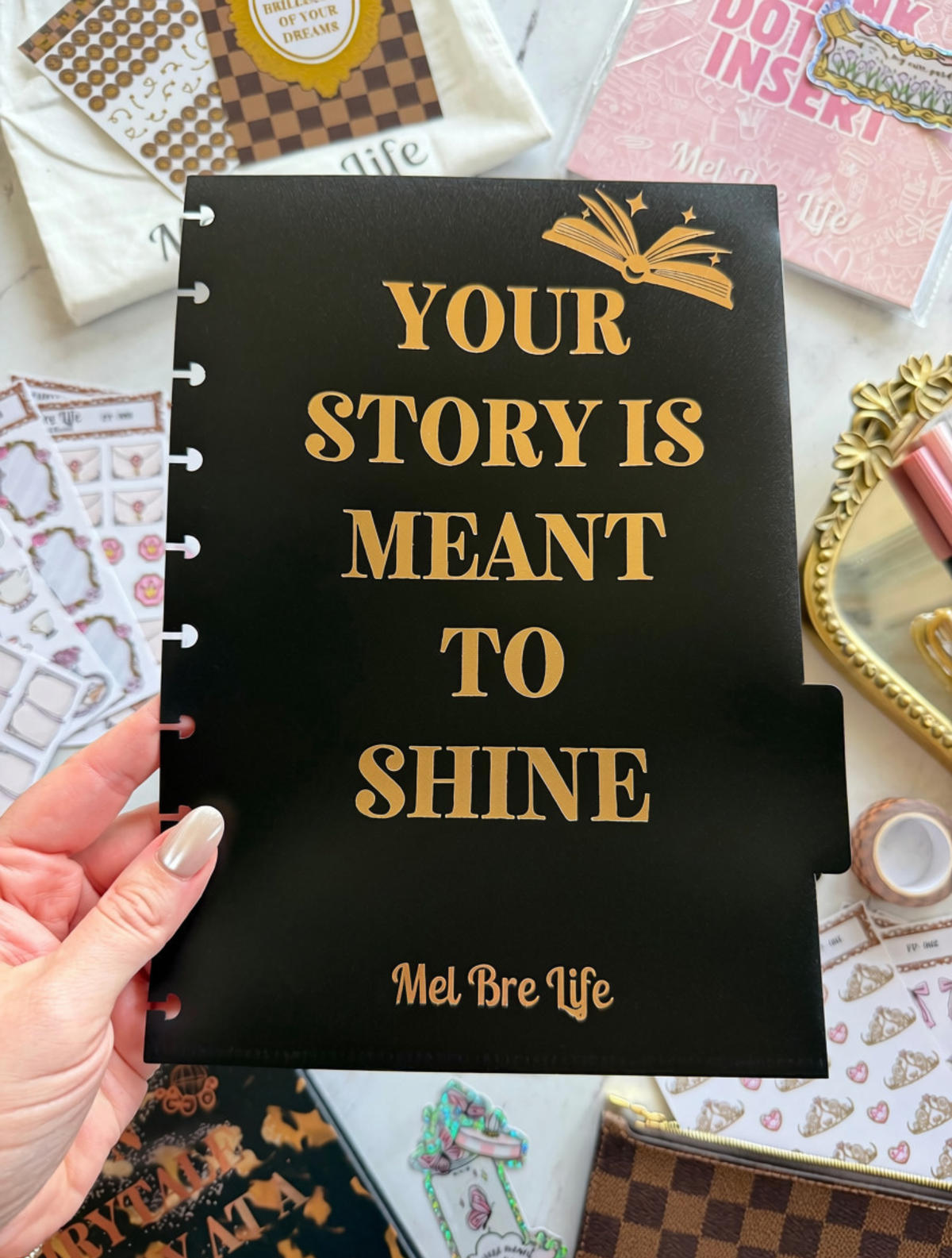 Fairytale Plans black planner divider with gold “Your Story Is Meant to Shine” inspirational quote