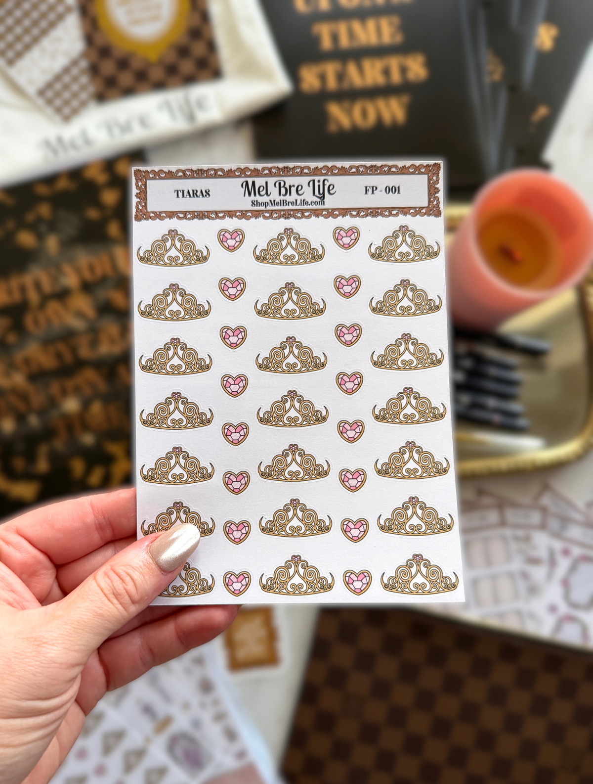 Gold ornate tiara sticker with pink jeweled heart from the Fairytale Plans Collection by Mel Bre Life