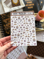 Princess Confetti fairytale planner sticker sheet featuring castles, tiaras, bows, teacups, roses, stars, dresses, birds, and whimsical royal details