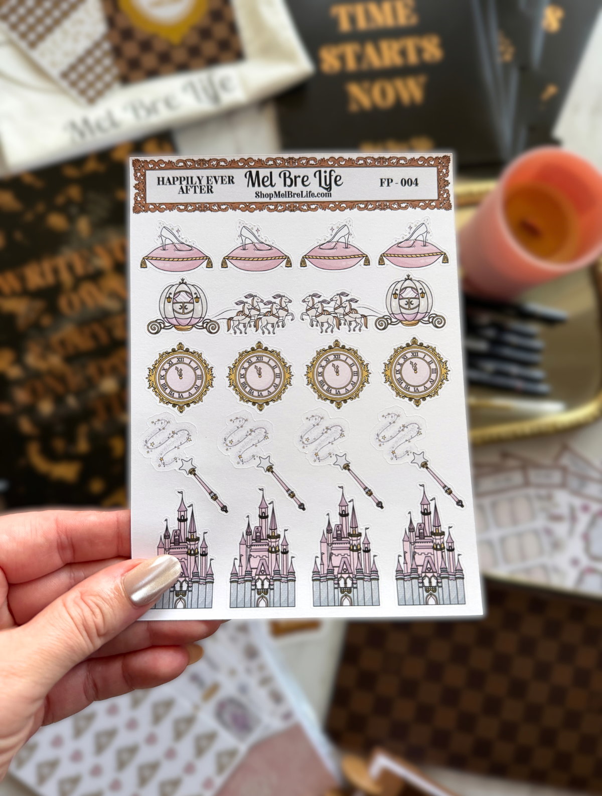 Happily Ever After fairytale planner sticker sheet with castles, carriages, glass slippers and magic wands by Mel Bre Life