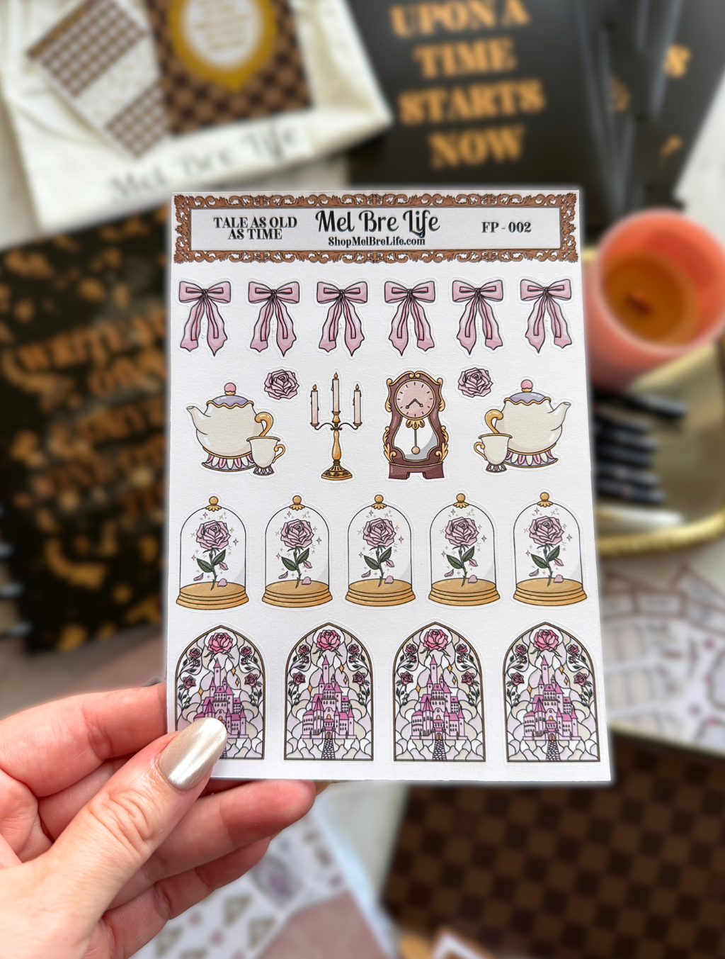 Fairytale castle, rose, bow, teacup and storybook planner sticker sheet by Mel Bre Life